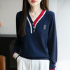 雀说新款羊毛针织衫女V领撞色刺绣t恤时尚长袖设计感打底上衣ALYGH271 商品缩略图0