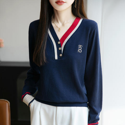 雀说新款羊毛针织衫女V领撞色刺绣t恤时尚长袖设计感打底上衣ALYGH271 商品图0