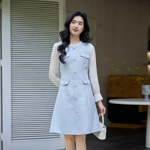 奢姿大码女装2025秋季胖妹妹时尚撞色拼接设计气质珍珠纽扣连衣裙9953853681 商品图2