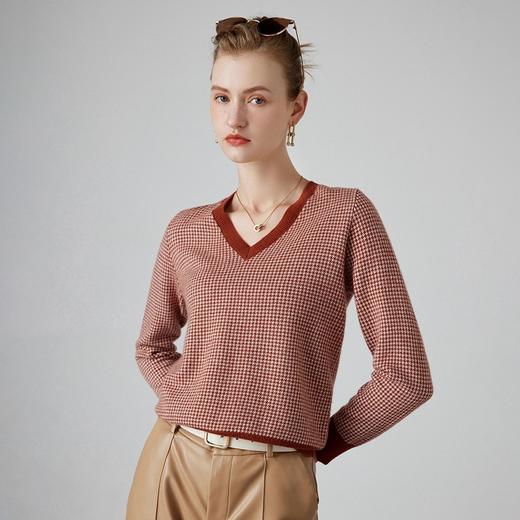丁摩秋冬V领山羊绒衫女宽松套头毛衣千鸟格长袖上衣针织内搭打底衫女ALMK65 商品图3