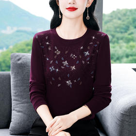 雀说新款圆领打底衫女长袖T恤气质修身显瘦烫钻大码针织上衣AL393