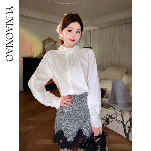 余潇潇【高智格调】时尚百搭醋酸混纺复古优雅简约宽松翻领衬衫 商品图3