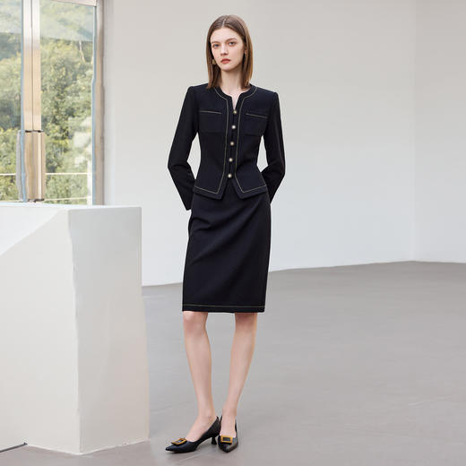 IWY/黑色长袖V领西装套裙女时尚气质通勤工作服小香风职业正装CS2469 商品图0