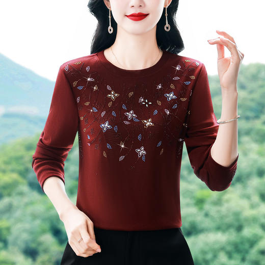 雀说新款圆领打底衫女长袖T恤气质修身显瘦烫钻大码针织上衣AL393 商品图2