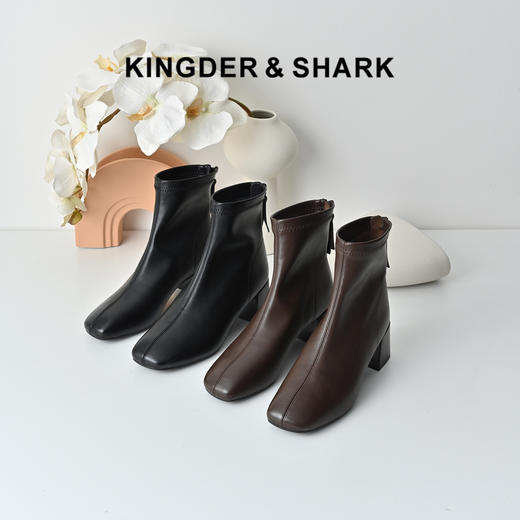 经典鲨2025冬专柜新款复古方头高粗跟气质通勤短靴瘦瘦靴女KW89-558151 商品图0