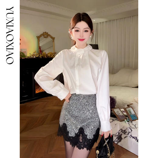 余潇潇【高智格调】时尚百搭醋酸混纺复古优雅简约宽松翻领衬衫 商品图0