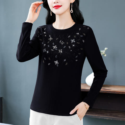 雀说新款圆领打底衫女长袖T恤气质修身显瘦烫钻大码针织上衣AL393 商品图1