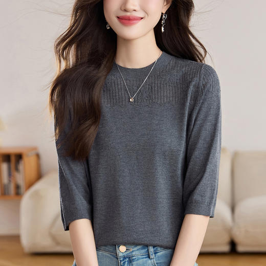 LL-8703早秋羊毛女中袖上衣2025新款妈妈洋气七分袖薄t恤针织小衫上衣女 商品图1