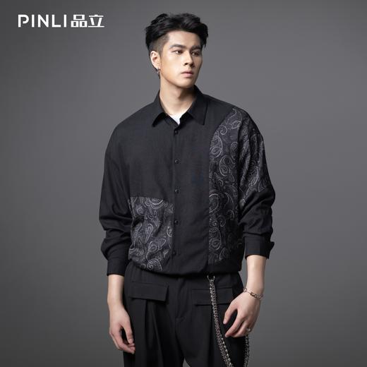 PINLI品立春季新款印花拼接长袖衬衫男士休闲时尚黑色潮衬衣B253113007 商品图0