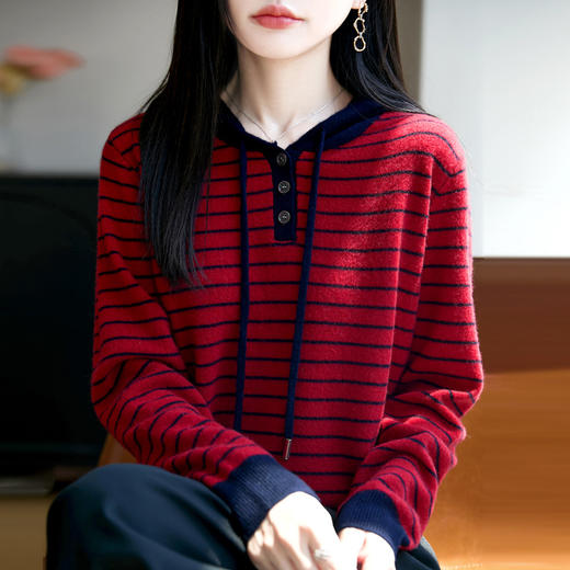 雀说100%纯羊毛衫女连帽卫衣秋冬新款慵懒风宽松上衣外套针织衫帽衫AL467 商品图3