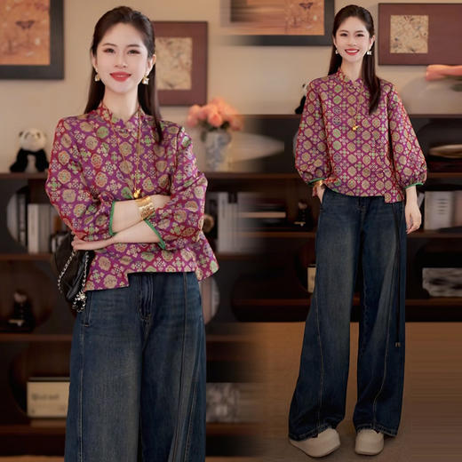 YDD-126新中式长袖衬衫女2025秋季新款洋气显瘦国风印花衬衣休闲百搭上衣 商品图1