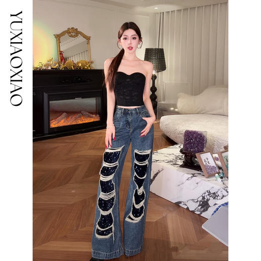 余潇潇【心跳赫兹】重工时尚百搭洗水挺括显瘦破洞拼接直筒牛仔裤 商品图3