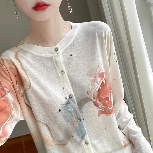 雀说超软糯~80支超细水溶羊毛针织开衫女重工印花轻薄莱赛尔防晒外套ALYSN199 商品图3