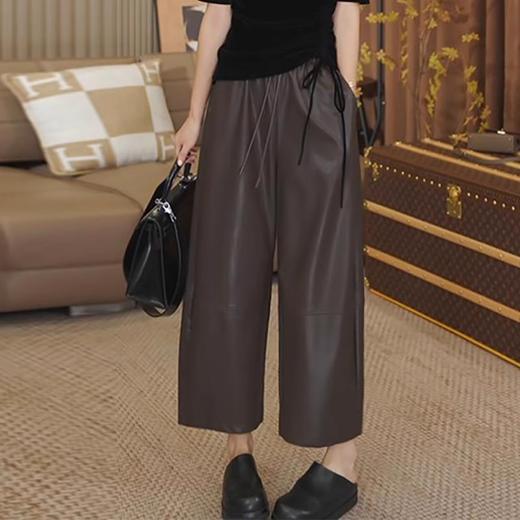 3F-YMG-8612+8613时尚套装女秋季新款洋气五分袖系带丝绒小衫九分阔腿皮裤两件套潮 商品图4