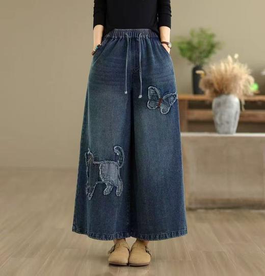 秋季新款刺绣牛仔阔腿裤女文艺民族风松紧腰休闲复古显瘦直筒长裤 商品图0