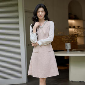 奢姿大码女装小香风V领镶钻连衣裙女2025秋季优雅拼接气质中长裙9953853571