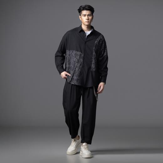 PINLI品立春季新款印花拼接长袖衬衫男士休闲时尚黑色潮衬衣B253113007 商品图3