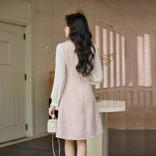 奢姿大码女装小香风V领镶钻连衣裙女2025秋季优雅拼接气质中长裙9953853571 商品图3
