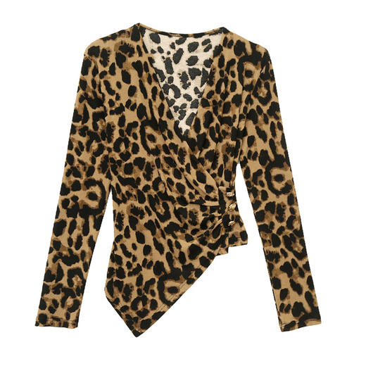 KQL 359H8322新款V领长袖收腰性感豹纹洋气修身显瘦不规则上衣 商品图4
