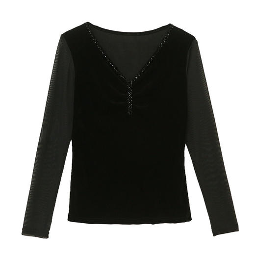 KQL 359H8316时尚修身网纱拼接皱褶钉珠长袖t恤 商品图4