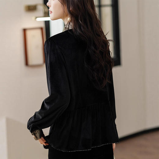 AHM msdm2801时尚优雅丝绒拼接纽扣小衫翻领上衣 商品图2