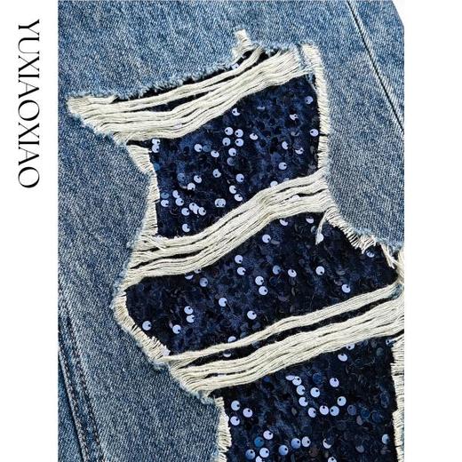 余潇潇【心跳赫兹】重工时尚百搭洗水挺括显瘦破洞拼接直筒牛仔裤 商品图2