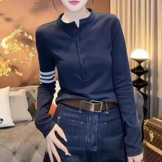 5F-LYY529-RMX1108时尚立领加厚T恤女2025秋冬季新款三条杠修身打底衫洋气保暖上衣 商品图1