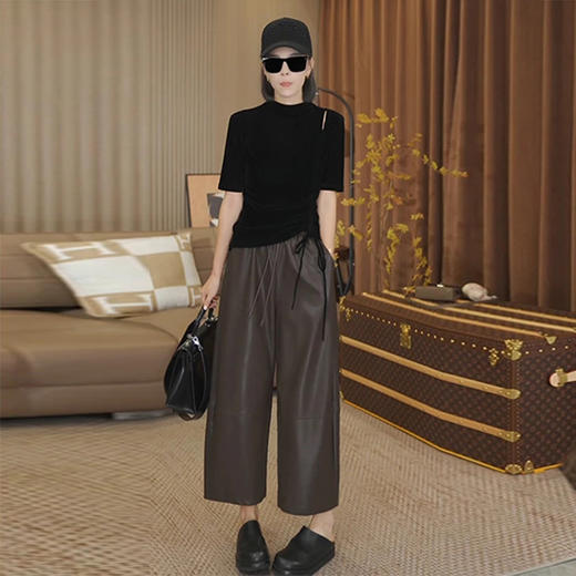 3F-YMG-8612+8613时尚套装女秋季新款洋气五分袖系带丝绒小衫九分阔腿皮裤两件套潮 商品图2