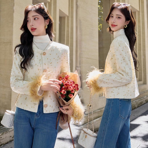 YJLY8667 2025秋冬新款重工钉珠法式小香短外套配袖毛 商品图1