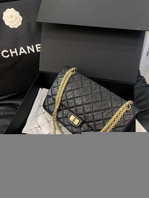 Chanel 2.55 黑金 油蜡牛皮 中号 14开 商品图0