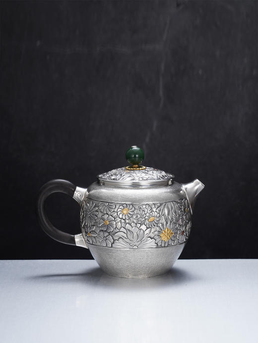 子佩集【花开福来】S999银摆件【ZJ037】茶具格桑花嵌金小茶壶2509 商品图5