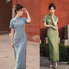 SYK22330时尚改良年轻少女款水印提花长款旗袍2025春夏新款日常旗袍