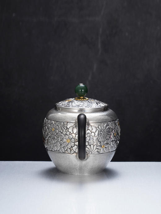 子佩集【花开福来】S999银摆件【ZJ037】茶具格桑花嵌金小茶壶2509 商品图4