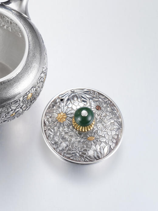 子佩集【花开福来】S999银摆件【ZJ037】茶具格桑花嵌金小茶壶2509 商品图7