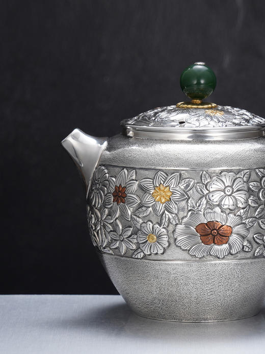 子佩集【花开福来】S999银摆件【ZJ037】茶具格桑花嵌金小茶壶2509 商品图1