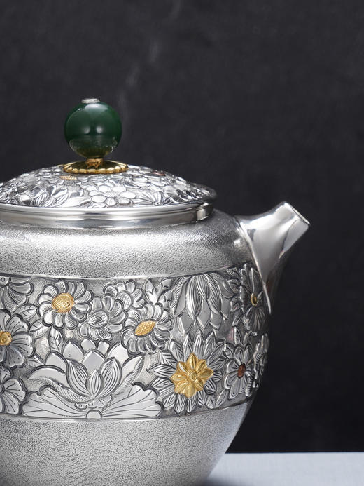 子佩集【花开福来】S999银摆件【ZJ037】茶具格桑花嵌金小茶壶2509 商品图2