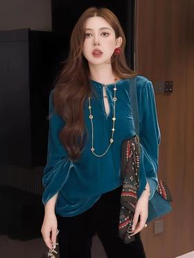 XMZ1113港味时尚镂空丝绒衬衫长袖衬衣女高级感轻奢减龄洋气宽松别致上衣