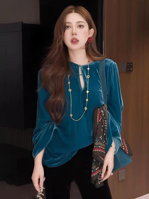 XMZ1113港味时尚镂空丝绒衬衫长袖衬衣女高级感轻奢减龄洋气宽松别致上衣 商品图0