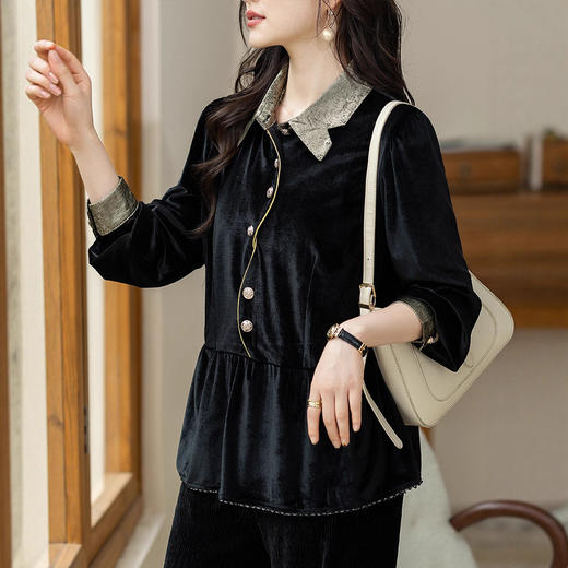 AHM msdm2801时尚优雅丝绒拼接纽扣小衫翻领上衣 商品图0