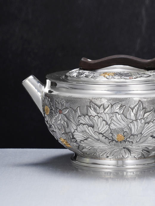 子佩集【花开福瑞】S999银摆件【ZJ039】茶具花朵嵌金平盖小茶壶2509 商品图2