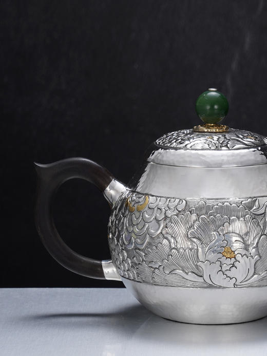 子佩集【花开福盈】S999银摆件【ZJ036】茶具牡丹花嵌金小茶壶2509 商品图6