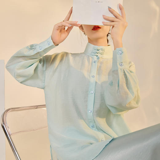 N8023秋季新款国风新中式高端盘扣立领时尚上衣纯色半裙衬衫套装 商品图0