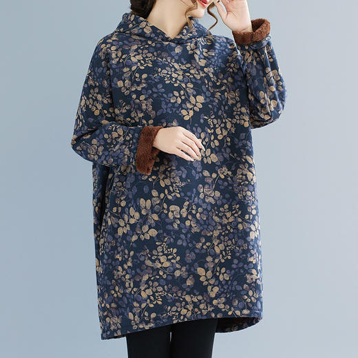 SJ1201 2025冬季新款复古印花连帽中长款大码宽松加绒加厚卫衣连衣裙女 商品图2