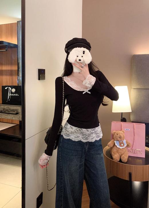 【GZ】无忧购79元2件拼接V领长袖T恤秋冬内搭蕾丝显瘦修身高级感打底上衣5567（截单后3-5天发货) 商品图6