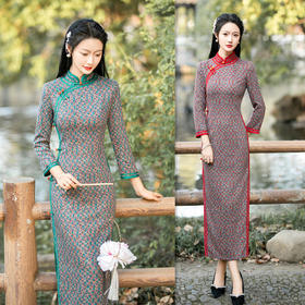 SYK100883 老上海复古国风曼丽绒长款七分袖旗袍2023冬季新款改良中老年旗袍