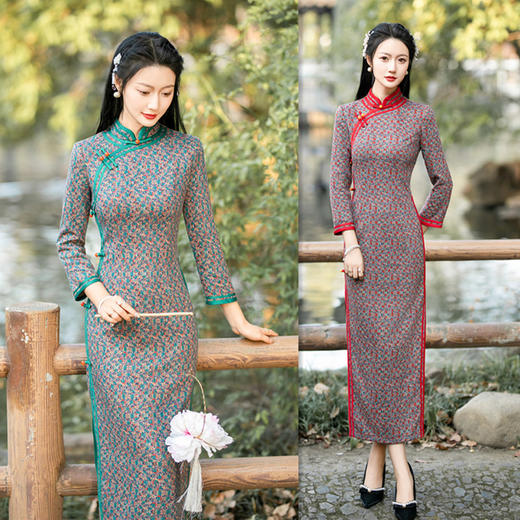 SYK100883 老上海复古国风曼丽绒长款七分袖旗袍2023冬季新款改良中老年旗袍 商品图0