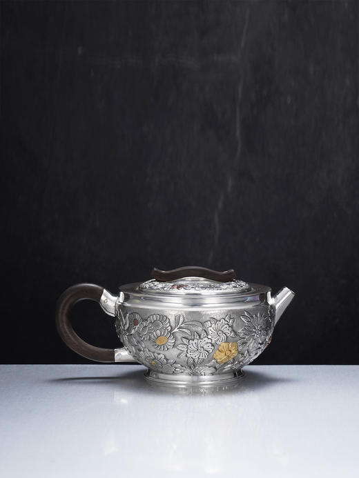 子佩集【花开福瑞】S999银摆件【ZJ039】茶具花朵嵌金平盖小茶壶2509 商品图4