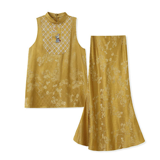 N3107国风2025夏季新款提花刺绣新中式立领背心鱼尾裙气质套装女 商品图4