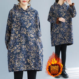 SJ1201 2025冬季新款复古印花连帽中长款大码宽松加绒加厚卫衣连衣裙女