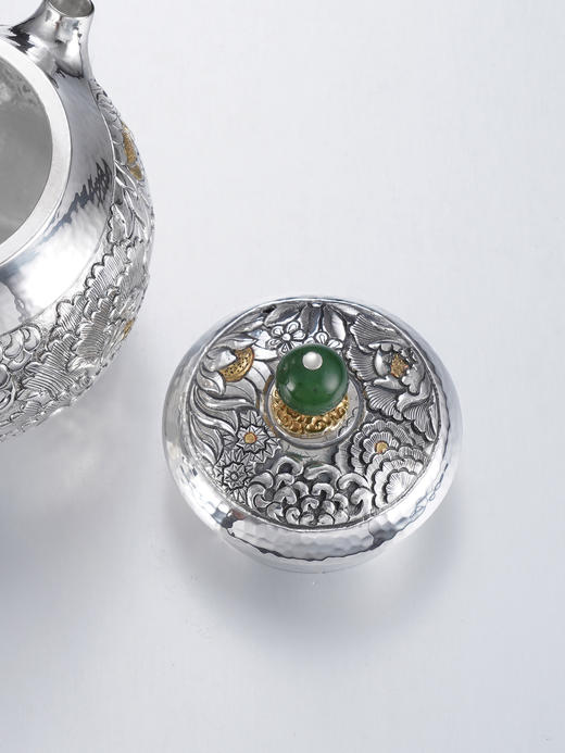 子佩集【花开福盈】S999银摆件【ZJ036】茶具牡丹花嵌金小茶壶2509 商品图7